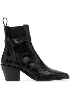 black calf leather snakeskin effect pull-tab at the heel appliqué detail elasticated side panels branded insole pointed toe ankle-length buckle-fastening ankle strap slip-on style 65mm Cuban heel Bota Cowboy, Cowboy Boots Black, Cuban Heels, Snake Skin, Calf Leather, Cowboy Boots, Black Boots