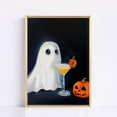 a painting of a ghost with a martini in front of it and two jack - o'- lantern pumpkins