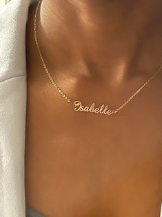 Our name necklace is classic in style and bold in design. #namenecklace #goldnecklace #trendynecklace #christmasgift #giftforher Handmade Name Necklace For Personalized Gift, Handmade Nameplate Necklaces For Mother's Day, Handmade Nameplate Necklace For Birthday, Handmade Nameplate Necklace For Mother's Day, Handmade Nameplate Necklace For Valentine's Day, Necklace Name Design, Mothers Day Jewelry, Name Necklace Gold, Personalised Necklace