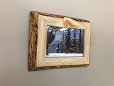 a deer is seen in the reflection of a wooden frame hanging on a white wall