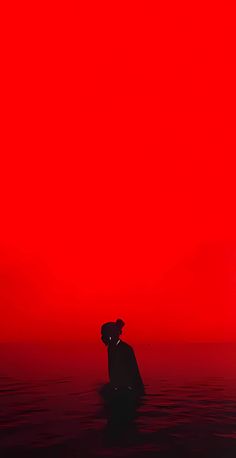 a person sitting in the water with their back turned to the camera, against a red sky