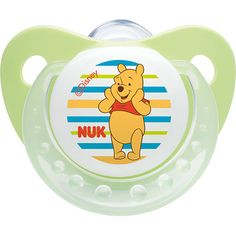 a baby pacifier with a cartoon bear on it's side and the words nuk written in white