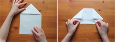 two photos of hands making an origami house out of paper on top of a wooden table