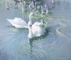 a painting of two swans swimming in the water