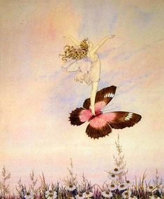 a painting of a girl on a butterfly in the air with flowers and grass around her