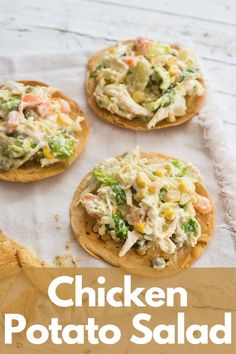 chicken potato salad on pita bread with text overlay