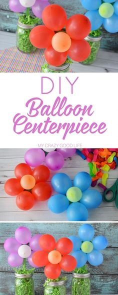 balloon centerpieces in mason jars filled with colorful balloons and flowers for a birthday party