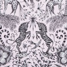 a black and white pattern with zebras, feathers, and flowers on a light blue background