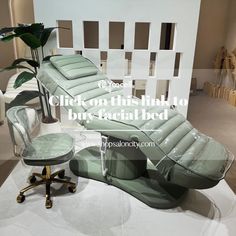 an office chair and footstool on display in a showroom with text that reads click on this link to buy facial bed