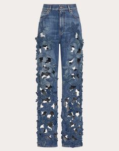 Hibiscus Embroidery, Valentino Jeans, Studded Sneakers, Blue Denim Pants, Embroidered Pants, Embroidered Denim, Boutique Online, Short En Jean, Blue Pants