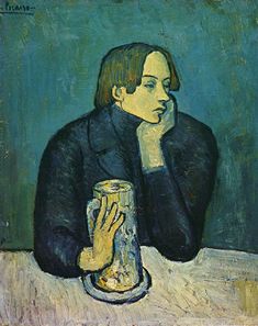 a painting of a woman sitting at a table with a beer in front of her