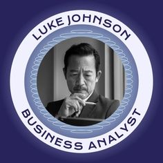 a man with a toothbrush in his mouth and the words luke johnson business analyst