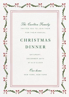 a christmas dinner card with holly branches and red bows on the border, in white paper