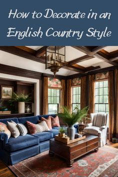 an english country style living room with blue couches