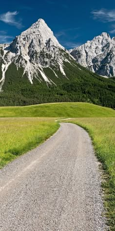 a gravel road in the middle of a grassy field with mountains in the background and blue sky