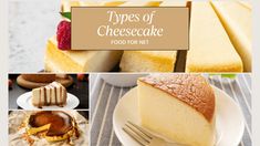 four different types of cheesecake on plates