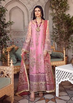 Luxury Embroidered Dress For Reception, Formal Embellished Organza Embroidered Dress, Pink Anarkali Embroidered Dress For Eid, Embroidered Dress For Eid Party, Festive Embroidered Organza Dress For Designer Wear, Party Wear Dress With Intricate Embroidery On Organza, Designer Organza Dress With Resham Embroidery, Pink Embellished Anarkali Dress, Designer Organza Dresses With Dupatta