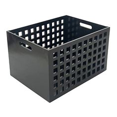 a black plastic basket with holes on the sides and handles is shown in front of a white background