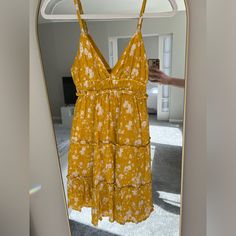 Never Worn. Beautiful, Flattering Summer Dress. Double Lined But Lightweight. Has Adjustable Straps. Perfect For Everyday, A Night Out, Or Vacation. Mustard Sundress Mini Dress, Yellow Beach Mini Dress With Spaghetti Straps, Yellow Mini Dress With Spaghetti Straps For Beach, Yellow Spaghetti Strap Mini Dress For The Beach, Yellow Spaghetti Strap Mini Dress For Beach, Mustard Floral Print Mini Dress, Casual Mustard Mini Dress For Spring, Yellow Mini Sundress With Ruffles, Yellow Floral Print Mini Dress For Brunch