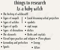 Things you should research as a baby witch! 💖✨ Starter Witch Spells, Types Of Spells In Witchcraft, Witchcraft Spell Books For Beginners, Witch Starter Pack, Witch Diary Ideas, How To Witchcraft, Witch Essentials List, Witch Beginner Tips, Witch Stuff Witchcraft