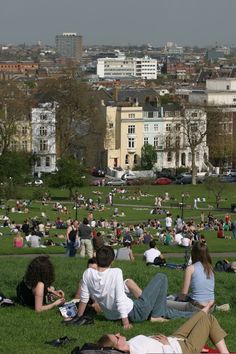 many people are sitting on the grass near buildings