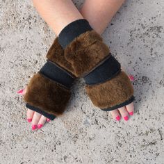 "Brown Unisex Faux Fur Fingerless Gloves. Measurements: 9\" long 8.5\" hand circumference. Made by brown faux fur and black fleece This item is for 1 pair of gloves.  Machine wash cold. Hang dry, do not put in dryer!" Fur Arm Warmers, Fur Mittens, Fur Mitten, Brown Dog, Wrist Warmers, Winter Warmers, Black Fleece, Mitten Gloves, Hand Warmers