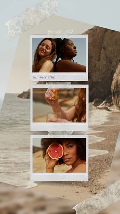 three pictures of women on the beach with watermelon in front of them and one woman holding a piece of fruit up to her face