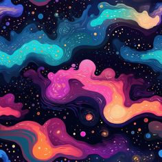 an abstract painting with different colors and shapes in the night sky, stars and clouds