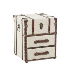 an old trunk with two drawers and leather handles on the bottom is sitting in front of a white background