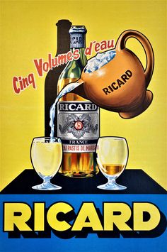 an advertisement for ricard with two glasses and a bottle