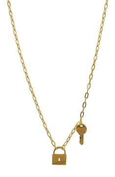 A lock and key pendant adorns a trendy paperclip chain necklace that is crafted from elegant water-resistant 14K yellow gold plating. 18" chain length, 0.25" pendant length This piece of jewelry is water-resistant and will not tarnish with water contact 14K gold plated stainless steel Imported Lock Pendant Necklaces, Luxury Yellow Gold Necklace With Lock, Key Pendant Necklace Gold, Key Necklace Gold, Gold Lock And Key Necklace, Paperclip Chain Necklace, Key Pendant Necklace, Locks & Key, Key Jewelry