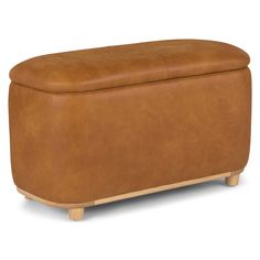 a tan leather ottoman with wooden legs