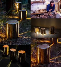 several different pictures of wood stumps with lights on them and a man working in the background