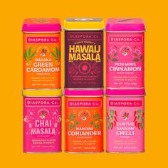 six different flavors of hawaiian flavored teas on an orange and yellow background with the words, hawaii masala