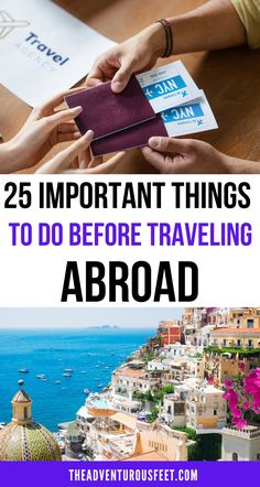 two people exchanging money with the words 25 important things to do before traveling abroad on them