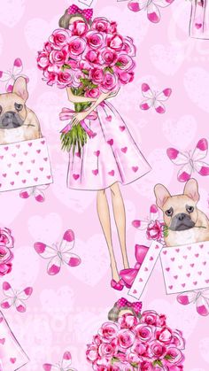 a girl with flowers and a dog in a box on a pink wallpaper background