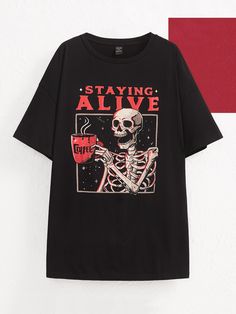 Black Casual  Short Sleeve Cotton Halloween,Slogan  Embellished Slight Stretch  Plus Size Tops Slogan T Shirt, Drop Shoulder Tee, Shirt Stays, T Shirt Oversize, Selling Clothes, Staying Alive, Dream Clothes, Plus Size T Shirts, Long Sleeve Sweatshirts