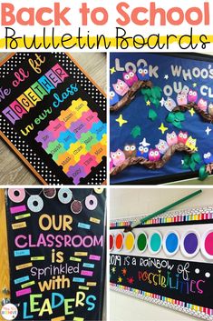 back to school bulletin boards with colorful writing on them