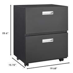 two drawers are shown with the measurements for each drawer and one is on casteors