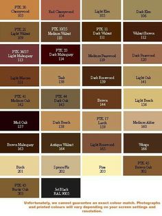 the color chart for different shades of brown, yellow and red with text on it