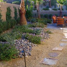 a garden with rocks and palm trees in the back yard, surrounded by seating area