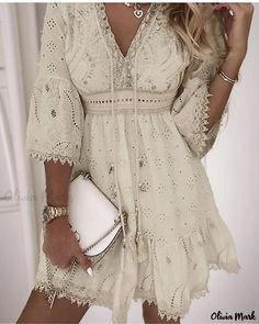 OliviaMark - Exquisite Ivory Hollow Out Fringed Embroidered V-Neck Dress Boho Mode, White Lace Mini Dress, Estilo Chic, Summer Wedding Dress, Vestido Casual, Lace White Dress, Tunisia, Sierra Leone, Lace Mini Dress