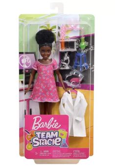 the barbie doll is wearing a pink dress and black hair, with her name on it