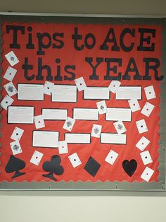 a bulletin board that says tips to ace this year with cards and hearts on it