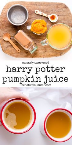 harry potter pumpkin juice in two mugs on a cutting board with spoons and butter