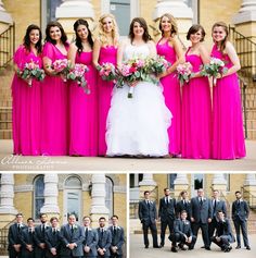 the bride and groomsmid are posing for pictures outside their wedding party in pink dresses