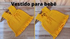 two pictures show the same yellow top with ruffles on it, and one shows how to sew