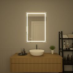 a bathroom with a sink, mirror and shelving unit on the wall next to it