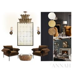 a collage of photos with furniture and decor in brown, gold and white colors