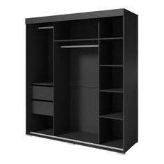 an open black closet with shelves and drawers